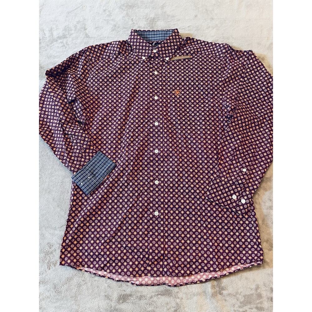Ariat Men’s Wrinkle-Free Fit Button-Down Shirt Size S Purple Geometric Print NEW